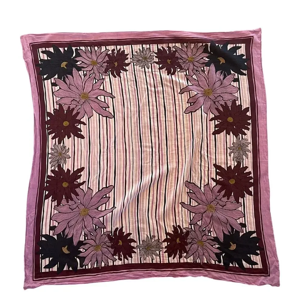 Cotton Silk Blend Purple Floral Stripe Square Scarf